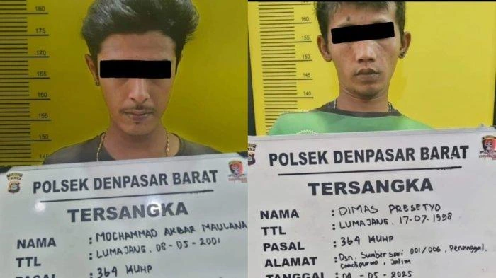 Dua tersangka pencurian kabel tembaga, Dimas Prasetyo (kanan) dan Mochammad Akbar Maulana (kiri), saat diamankan di Polsek Denpasar Barat. Keduanya dijerat Pasal 364 KUHP tentang pencurian ringan.