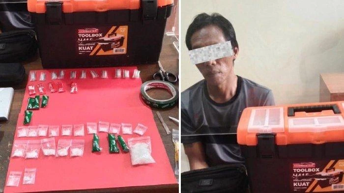 Barang bukti narkotika jenis sabu yang diamankan dari tangan tersangka KK (47), termasuk 42 paket sabu dan alat pendukung seperti timbangan elektrik serta kotak perkakas tempat penyimpanan, usai disergap Satresnarkoba Polresta Denpasar.