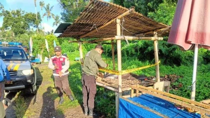 Petugas kepolisian dari Polsek Susut memasang garis polisi di lokasi penemuan bayi laki-laki yang dibuang di lapak pedagang durian, kawasan Banjar Seribatu, Desa Penglumbaran, Kecamatan Susut, Bangli, Bali, Selasa (6/5/2025) pagi.