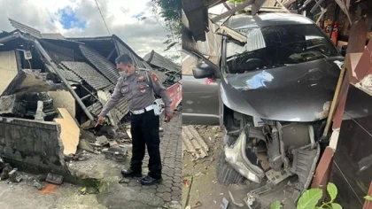 Petugas Satlantas Polres Badung melakukan olah TKP di lokasi kecelakaan tunggal sebuah mobil Toyota Avanza yang menabrak Warung Babi Guling Men Lari di Banjar Denkayu Delodan, Desa Werdi Bhuwana, Kecamatan Mengwi, Badung, Bali, pada Jumat pagi, 18 Juli 2025. Bagian depan warung dan mobil mengalami kerusakan parah. (Foto: Istimewa)