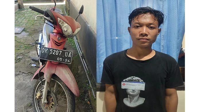 Putu Yogi Mahendra (kanan) dan sepeda motor Yamaha Jupiter Z miliknya yang ditinggalkan saat melarikan diri usai mencuri ayam petarung milik warga di Desa Madenan, Kecamatan Tejakula, Buleleng. (Foto: Istimewa)