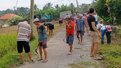 Warga Banjar Adat Bantas Bale Agung bergotong royong membersihkan lingkungan dan memotong rumput liar di pinggir jalan sebagai persiapan menyambut HUT ke-80 Kemerdekaan RI, Minggu (10/8/2025). (Foto: Istimewa)