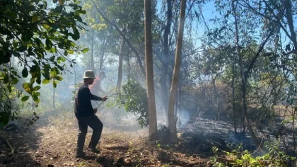 Warga Desa Dukuh, Kecamatan Kubu, Karangasem, berusaha memadamkan api secara manual saat kebakaran lahan kering yang terjadi pada Rabu (6/8/2025), sebelum bantuan pemadam kebakaran tiba di lokasi. (Foto: Istimewa)